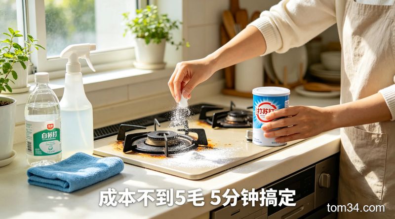布满油污的灶台对比干净整洁的灶台，旁边放着黏腻的脏抹布