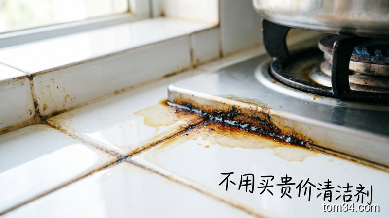 布满油污的厨房瓷砖缝隙、灶台角落特写，风格：清新明亮生活化，主体动作：特写油污污渍状态，关键元素：标注「不用买贵价清洁剂」文字，突出清洁痛点，接地气