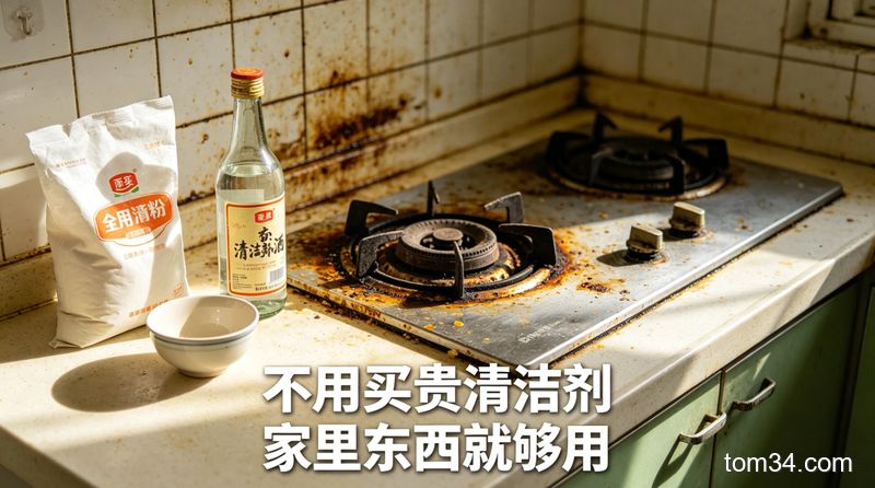 清新明亮生活化风格，布满厚重油污的厨房灶台瓷砖场景，旁边摆放着普通家用面粉、白酒、小碗，配文字「不用买贵清洁剂 家里东西就够用」，突出低成本无门槛