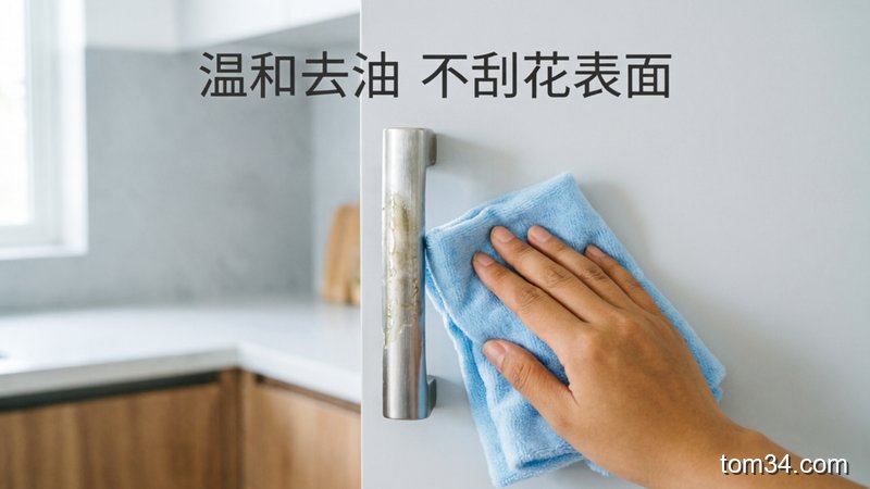 厨房橱柜门把手场景，一半是黏手的油污，一半是擦完光亮的状态，普通人拿软抹布轻轻擦门把手的动作，清新明亮生活化风格，画面配文字「温和去油 不刮花表面」，突出轻松、零损伤