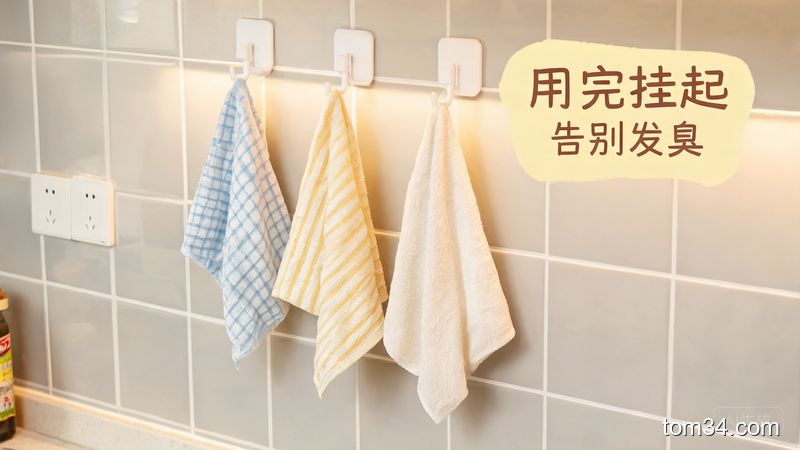 厨房墙面挂钩场景，挂着几块干爽干净的抹布，旁边配文字标注「用完挂起 告别发臭」，温馨生活化风格，突出日常操作简单