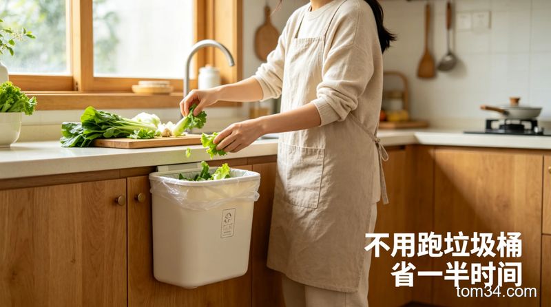 挂在橱柜门板上的白色挂式垃圾桶，用户随手丢菜叶进去