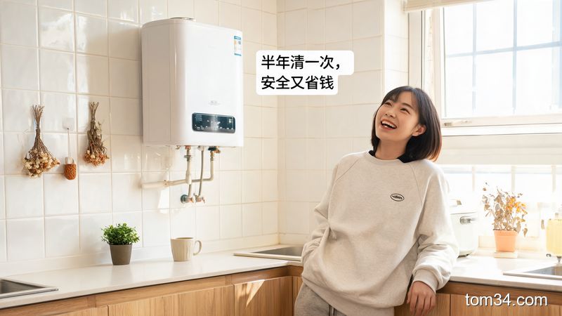 场景:温馨的厨房角落,完好的储水式热水器旁站着开心的普通人,风格:清新明亮生活化,主体动作:旁配文字标注「半年清一次,安全又省钱」,关键元素:低负担、无复杂步骤、适合懒人