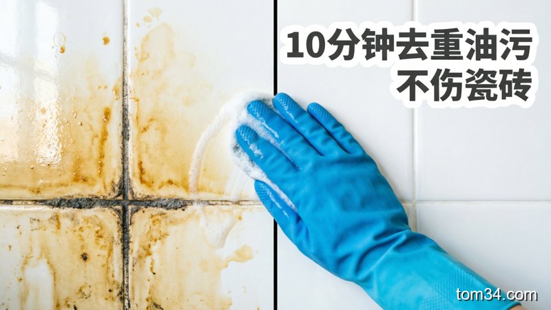 厨房有陈年厚油污的瓷砖墙面，戴手套的手喷完清洁剂一擦就露出干净瓷砖的对比画面，风格明亮写实，配文字标注「10分钟去重油污 不伤瓷砖」，突出省力高效