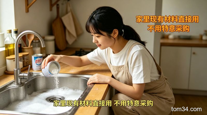 女生用柠檬蘸食盐擦拭水槽，水槽原本的水垢消失，变得光亮整洁，凸显厨房清洁效果
