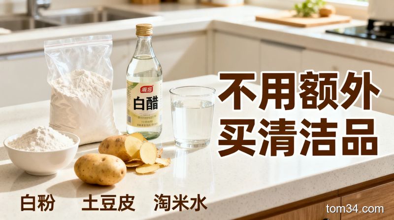 清新明亮的厨房台面上摆放着面粉、白醋、土豆皮、淘米水这些家常清洁物品，旁边配