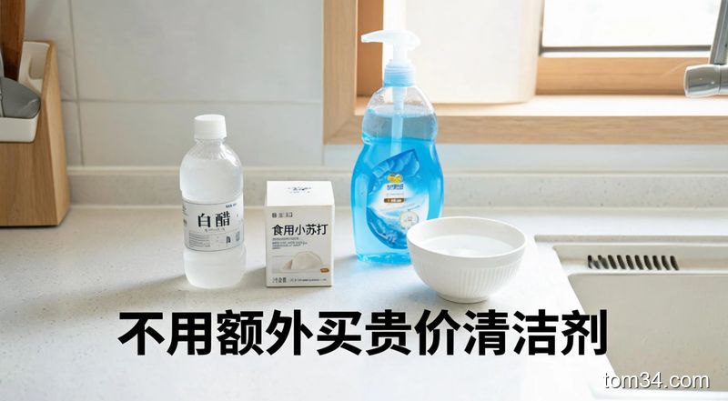 清新明亮生活化风格，厨房干净台面上摆放家家都有的日常物品：白醋瓶、小苏打盒、普通洗洁精、装温水的小碗，旁边配醒目标语“不用额外买贵价清洁剂”，画面接地气