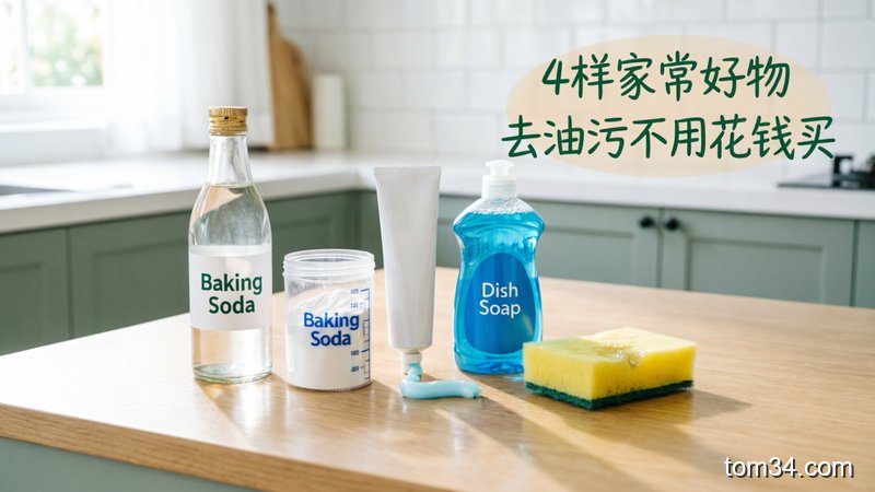 明亮生活化厨房场景，台面上摆放白醋、小苏打、牙膏、洗洁精四样家常清洁物品，旁边放着海绵擦，配文字标注“4样家常好物 去油污不用花钱买”，风格清新明亮，突出简单、低成本、高效的特点