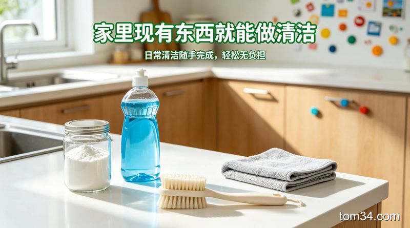 厨房台面上摆放小苏打、柠檬、鸡蛋壳等家常清洁材料的展示图