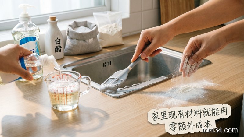 厨房台面摆放洗洁精、白醋、小苏打、面粉等家常物品，展示配溶液、抹小苏打糊、撒面粉的简单3步动作，风格温馨生活化，配文字标注「家里现有材料就能用 零额外成本」，突出快手清洁