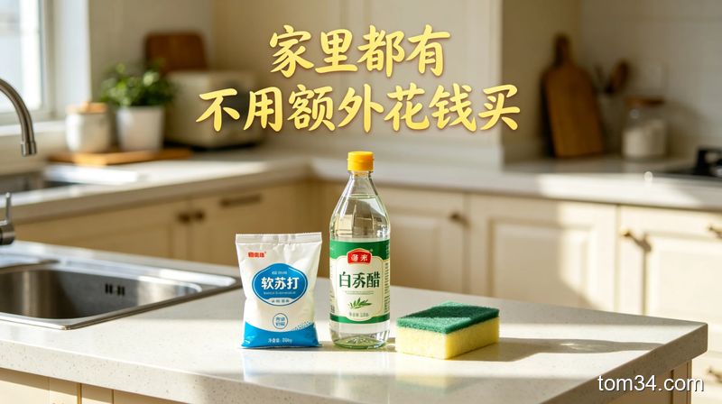 清新明亮生活化厨房台面场景，台面上摆放普通食用白醋、袋装小苏打、软百洁布，配文字「家里都有 不用额外花钱买」，突出低成本零采购特点