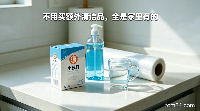 温水、洗洁精、小苏打、白醋四种家用清洁物品摆放在厨房台面上，整洁干净的风格
