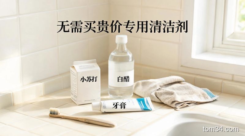 清新明亮生活化风格,普通家庭厨房台面摆放小苏打、白醋、牙膏、旧牙刷、旧抹布等常见物品,配文字标注「无需买贵价专用清洁剂」,突出低成本零额外支出
