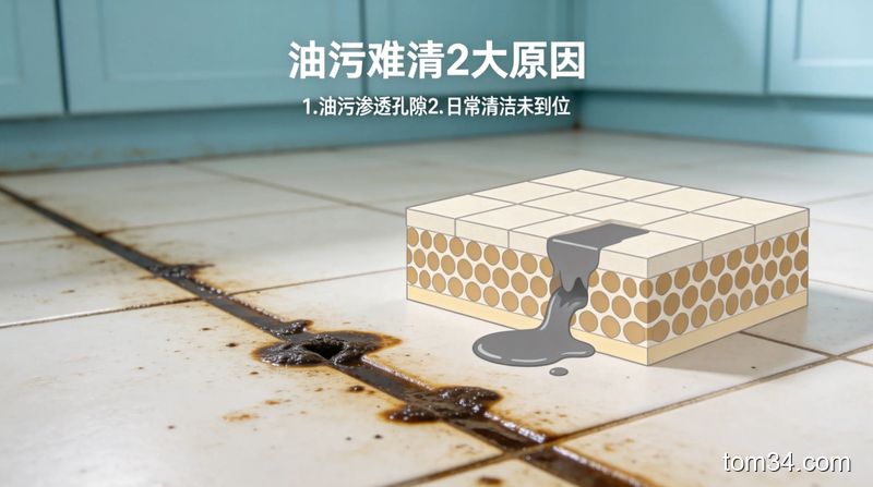 有孔隙的普通水泥地放大图渗着油污，配厨房清洁、油污清洁字样