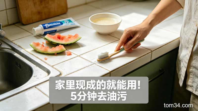 清新明亮生活化厨房台面，摆放着牙膏、旧牙刷、吃剩的西瓜皮、小半碗米汤，人物正用挤了牙膏的旧牙刷刷瓷砖接缝，配文字标注「家里现成的就能用！5分钟去油污」