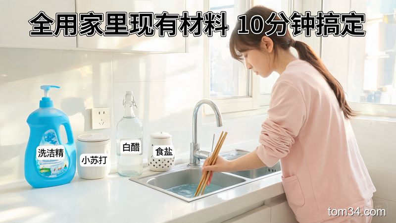 清新明亮厨房场景，普通人正在用洗洁精、小苏打、白醋、食盐这些家常材料清洁筷子，操作步骤简单，配文字「全用家里现有材料 10分钟搞定」，生活化写实风格，突出方便易操作
