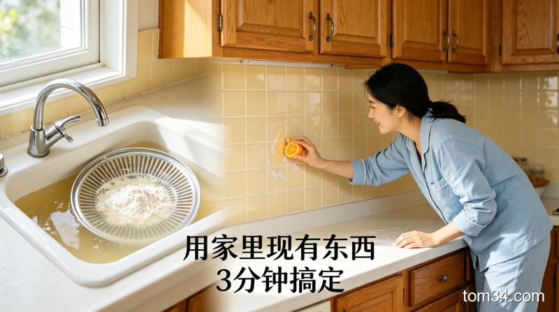 女生手持橘子皮擦拭厨房墙面瓷砖，旁边放着泡在面粉水里的油烟机滤网，场景干净明亮