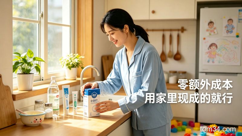 明亮温馨的有娃家庭厨房，台面上摆放着小苏打、白醋、牙膏、食盐等家常物品，角落露出宝宝辅食碗暗示有娃属性，风格：清新明亮、生活化，文字标注：零额外成本 用家里现成的就行，主体动作：宝妈随手拿起小苏打，表情轻松，突出清洁无负担
