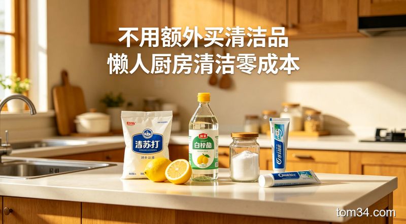 清新明亮生活化厨房场景，台面上摆放着小苏打、白醋、柠檬、食盐、牙膏等家中常见物品，配文字‘不用额外买清洁品 懒人厨房清洁零成本’，风格温馨接地气，适合家居博主配图