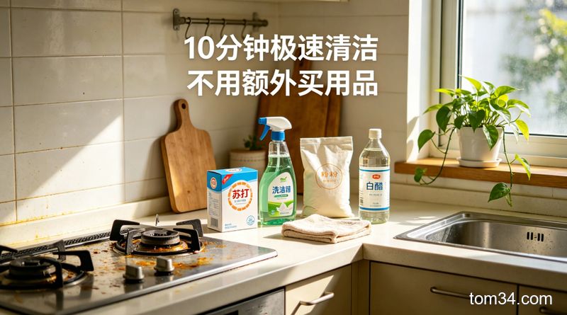 整洁的现代厨房灶台，上面有少量未清理的油污，旁边放着小苏打、洗洁精等家常清洁用品