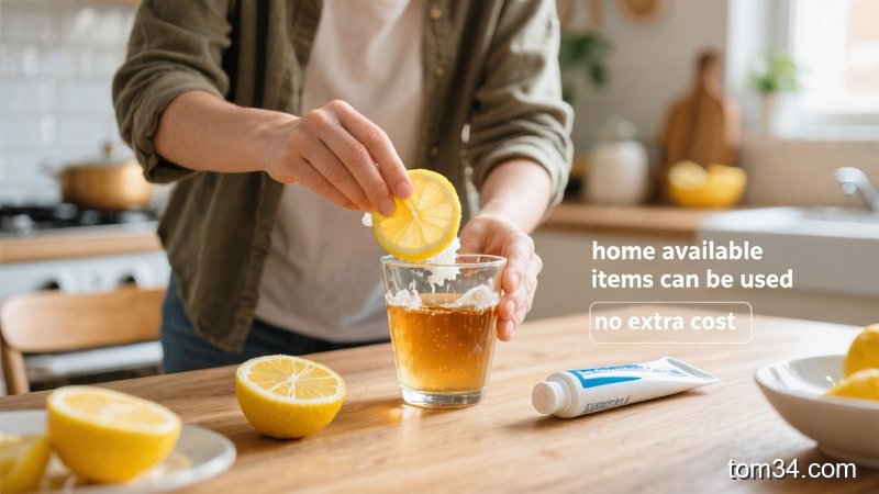 厨房台面上摆放着柠檬片、牙膏、带茶垢的陶瓷杯，旁边放着干净的海绵