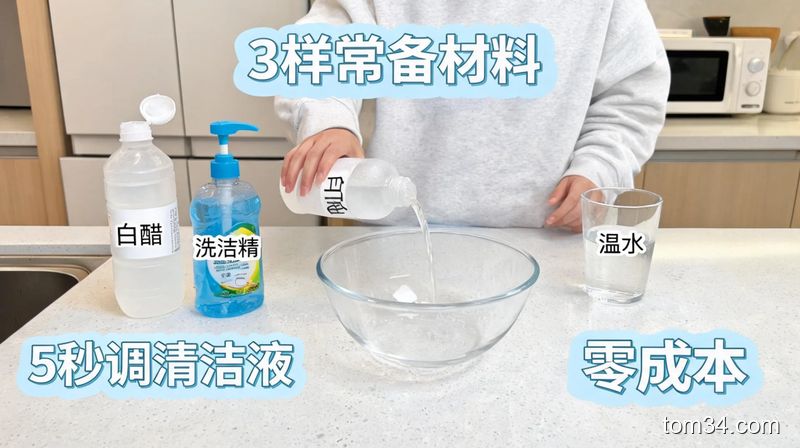 场景:普通家庭厨房台面,主体:普通人往容器里依次倒白醋、挤1滴洗洁精、加温水的动作,3样材料摆在旁边清晰可见,风格:清新明亮生活化,关键元素:带文字标注「3样常备材料」「5秒调清洁液」「零成本」