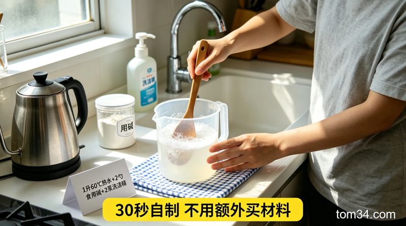 明亮厨房水槽边，普通人徒手搅拌容器里的液体，旁边标注配比文字「1升60℃热水+2勺食用碱+2泵洗洁精」，风格生活化写实，配文字「30秒自制 不用额外买材料」，突出操作简单快手