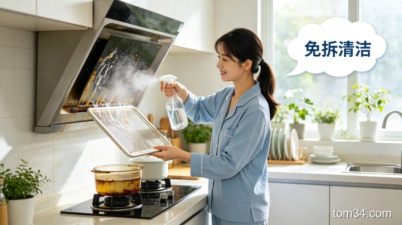 抽油烟机免拆清洁场景，喷壶往滤网喷清洁水，油垢溶解滴落的状态