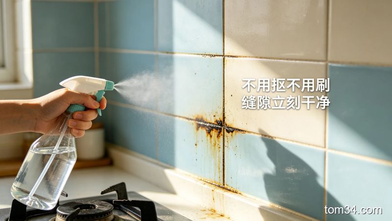 厨房瓷砖缝隙有发黑油污的场景，一只手拿着喷壶正往缝隙喷白醋，旁边配文字标注「不用抠不用刷 缝隙立刻干净」，风格清新生活化，突出简单易上手