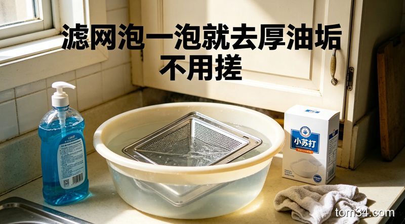 冲干净的油烟机滤网，旁边的盆里装着加了面粉的开水