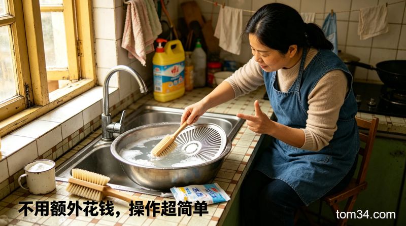 小苏打溶液浸泡后的油烟机滤网用百洁布轻刷去油污场景