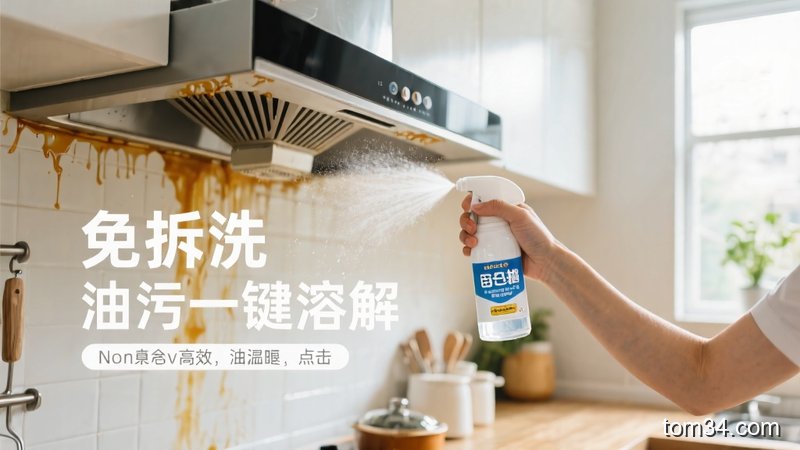 拿着喷壶对着抽油烟机喷洒小苏打白醋混合液，抽油烟机上的重油污正在溶解，喷壶属于常用的清洁用品