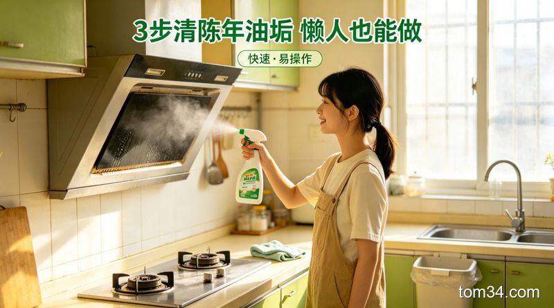 出租屋老式油烟机旁场景，年轻女生拿着喷壶往油烟机上喷清洁剂，动作轻松随意，清新明亮生活化风格，画面加文字标注「3步清陈年油垢 懒人也能做」，突出快速、易操作