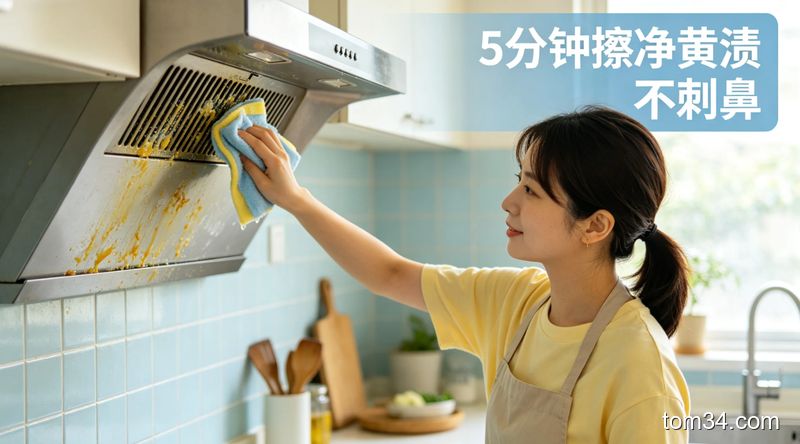 清新明亮生活化风格，普通人用抹布蘸温清洁液擦拭油烟机外壳和墙面瓷砖黄渍，动作快速，配文字标注「5分钟擦净黄渍 不刺鼻」，场景为普通家庭的油烟机和瓷砖墙面