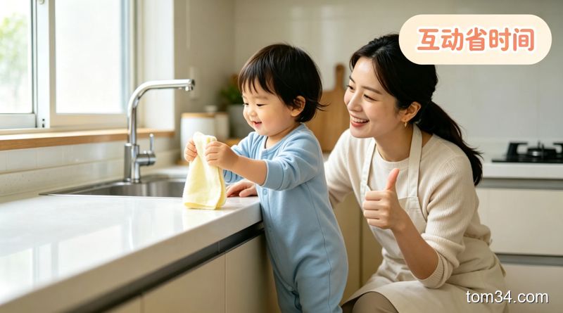 场景：干净的厨房台面旁，3岁左右小朋友拿小抹布模仿大人擦桌子，宝妈在旁边笑着陪伴，风格温馨生活化，关键元素：标注“带娃也能做清洁”“互动省时间”文字