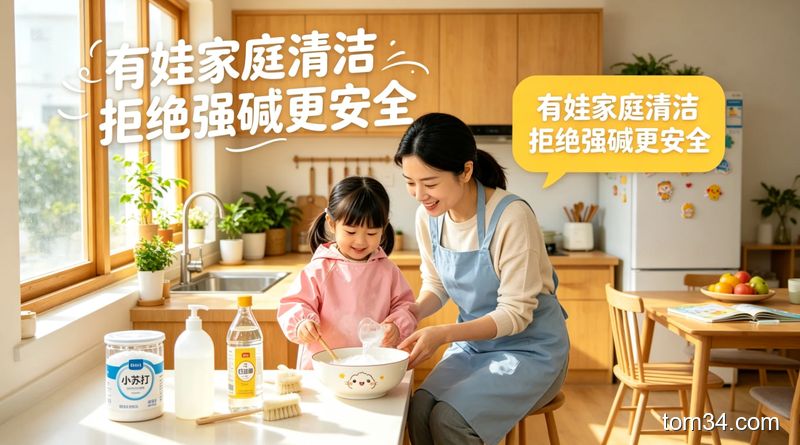 有娃家庭厨房场景，妈妈牵着小朋友的手站在干净的灶台旁，台面上摆着小苏打、白醋两种常用清洁用品