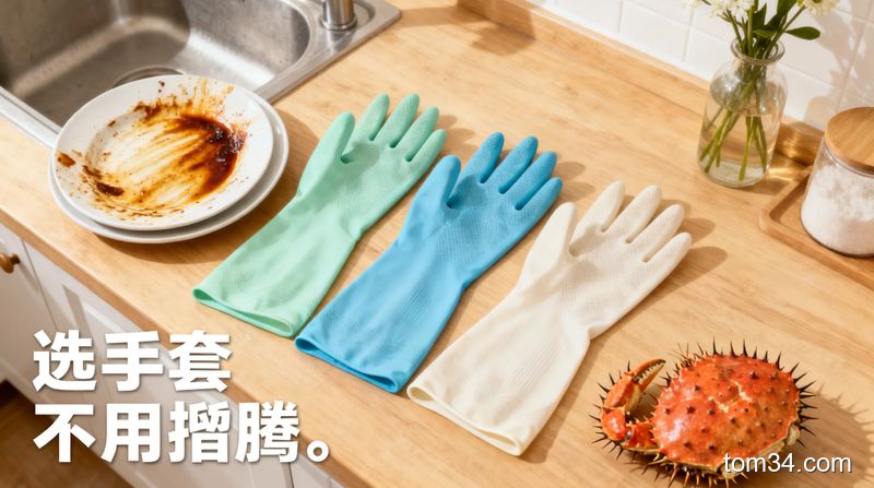 清新明亮的居家厨房场景，台面上摆着乳胶、丁腈、PVC三种清洁手套，旁边放着沾油污的盘子、带硬刺的螃蟹壳，画面角落标注文字「选手套不用瞎折腾」，风格生活化温暖明亮，突出简单省心的清洁理念