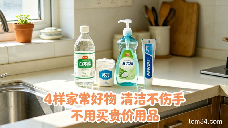清新明亮生活化风格，普通家庭厨房台面上摆放白醋、小苏打、温和洗洁精、牙膏4样家常清洁好物，配文字标注「4样家常好物 清洁不伤手 不用买贵价用品」，整体氛围温馨接地气