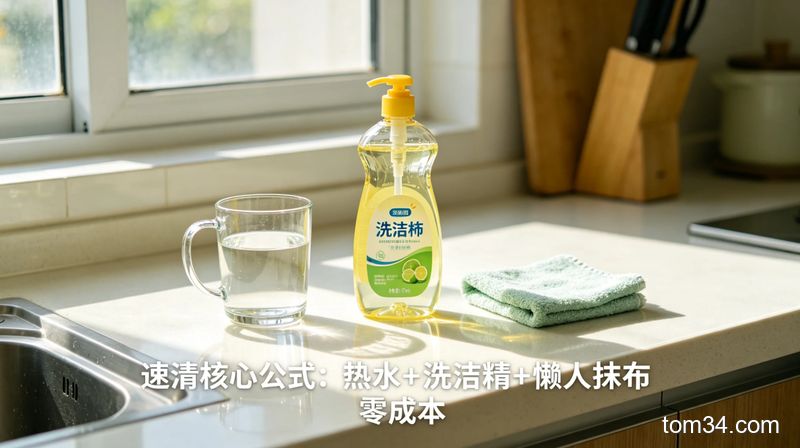 干净的厨房台面，主体：热水杯、普通瓶装洗洁精、懒人抹布三样物品整齐摆放，风格：清新明亮生活化，关键元素：添加文字标注「速清核心公式：热水+洗洁精+懒人抹布 零成本」，突出物品都是家常常见款