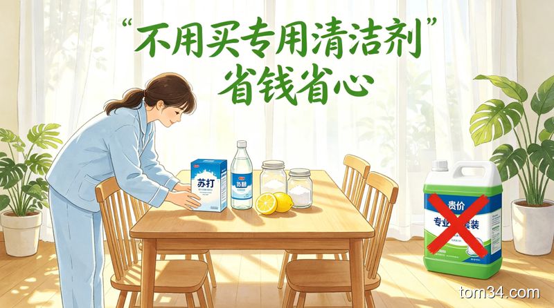 摆放着小苏打、白醋、柠檬等清洁用品的整洁厨房台面，阳光洒入