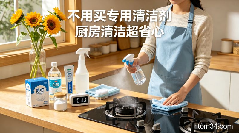 清新明亮生活化厨房场景，台面上摆放小苏打、白醋、牙膏、食盐等家常物品，配文字「不用买专用清洁剂 厨房清洁超省心」，风格温暖居家，突出低成本简单清洁