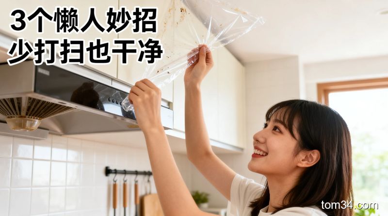 厨房吊柜顶部，女生轻松揭掉吊柜顶的脏保鲜膜的动作，表情轻松愉悦，风格清新明亮生活化，配文字3个懒人妙招 少打扫也干净，突出低成本低负担