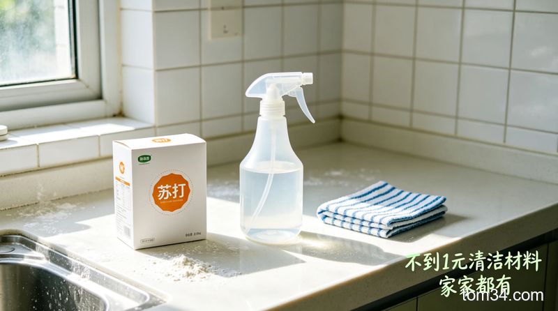 整洁厨房台面上摆放着小苏打、白醋、洗洁精三样常用清洁用品