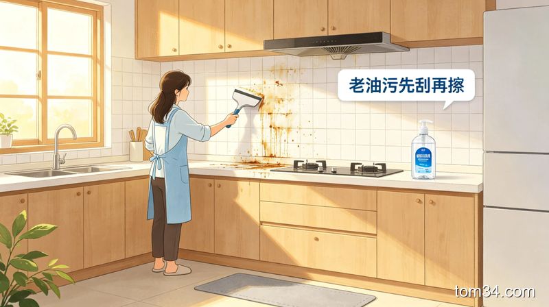 清新明亮生活化厨房场景，旁边摆放2个醒目的文字提示框，分别写着「老油污先刮再擦」「大理石台面先稀释再用」，旁边摆着普通洗洁精，突出避坑省心