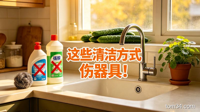 厨房清洁踩雷对比图，左边是被强腐蚀清洁剂损坏的不粘锅，右边是被钢丝球刮花的不锈钢水槽