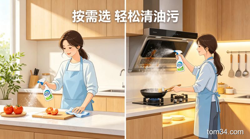 清新明亮生活化厨房场景，左右分栏展示两种清洁方案：左侧是食用碱处理台面轻油污，右侧是安芭树清洁剂处理油烟机重油污，画面标注「按需选 轻松清油污」文字，突出简单易操作无负担