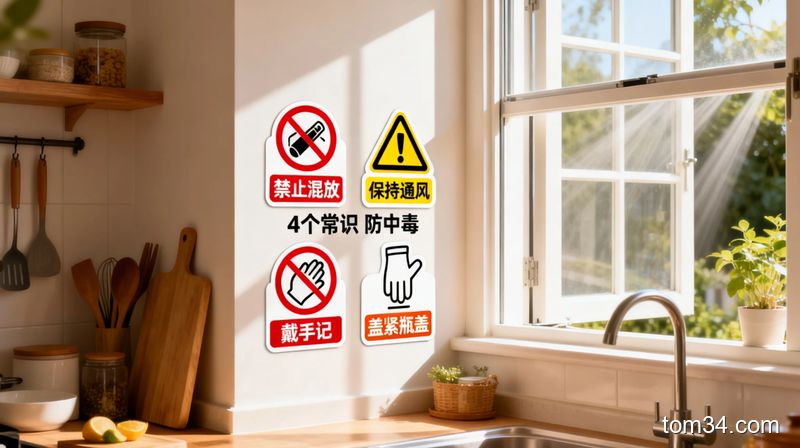 温馨生活化风格，场景是开着窗户通风的厨房角落，主体是贴着4个醒目的安全提示贴（禁止混放、保持通风、戴手套、盖紧瓶盖），标注文字\