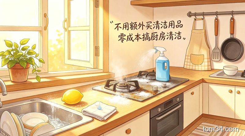 柠檬、白醋、苏打粉、洗洁精等常见清洁用品摆放在整洁厨房台面上