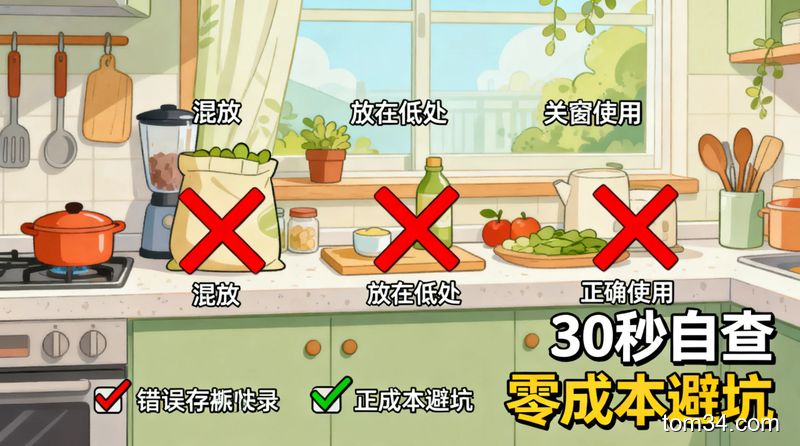卡通清新风格，场景是普通家庭厨房台面，主体是3个打叉的错误存放示例（混放、放在低处、关窗使用）和对应的打勾正确做法，标注文字\