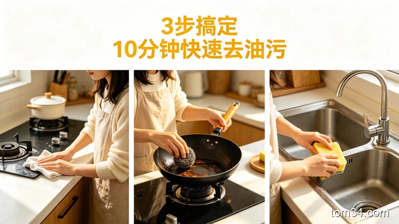 厨房分区域清洁实拍场景，依次展示擦灶台、刷锅底、擦水槽的简单动作，人物动作轻松不费力，配文字‘3步搞定 10分钟快速去油污’，风格明亮生活化，画面清晰